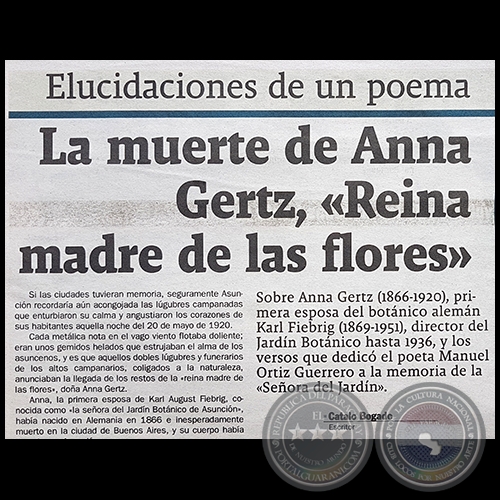 LA MUERTE DE ANNA GERTZ, REINA MADRE DE LAS FLORES - Por CTALO BOGADO -  Domingo, 22 de Enero de 2017